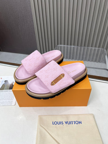 Pink Denim Monogram Slides