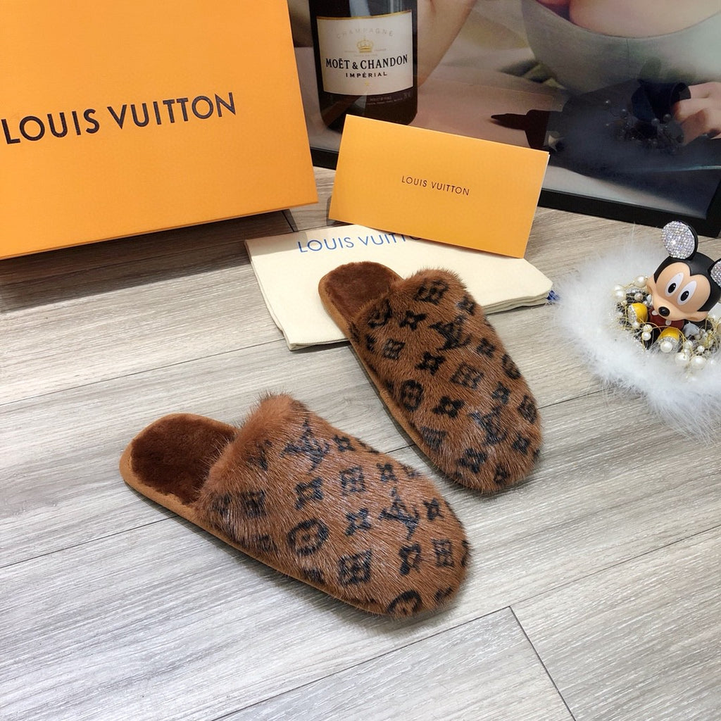 Monogram Faux Fur Slides