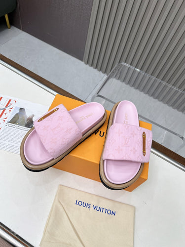 Pink Denim Monogram Slides